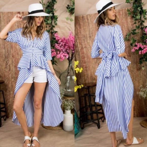 Striped Button Ruffle High Low Maxi Top - Picture 2 of 4